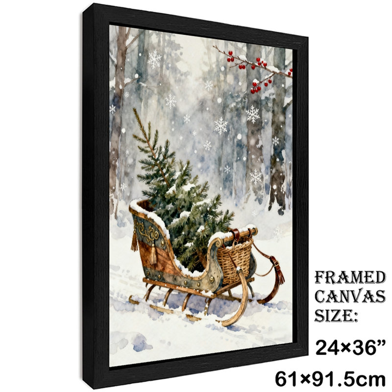 Aquarelle noire encadrée traîneau de Noël avec arbre dans la forêt enneigée, impressions sur toile de style rétro