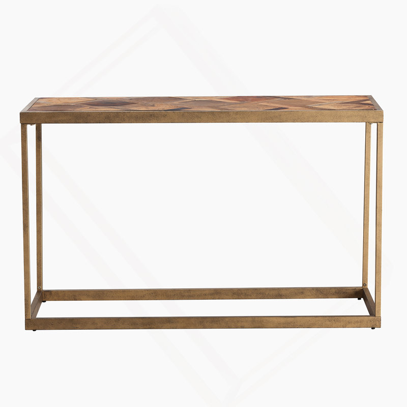 Console patchwork en bois récupéré avec incrustation durable et base en métal ouverte pour un décor de maison de campagne moderne