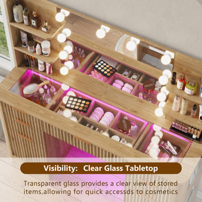 Ensemble de meuble-lavabo cannelé 51,8 po, grande table de maquillage avec plateau en verre RVB 360 couleurs, bureau de meuble-lavabo avec 7 tiroirs et prises de courant, pour femmes et filles, chambre à coucher ou dortoir, chêne naturel