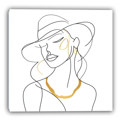 Chic Line Art Fashion Canvas Wall Art, Minimal Woman Portrait with Gold Accent, Wrapped Canvas Decor GT15484