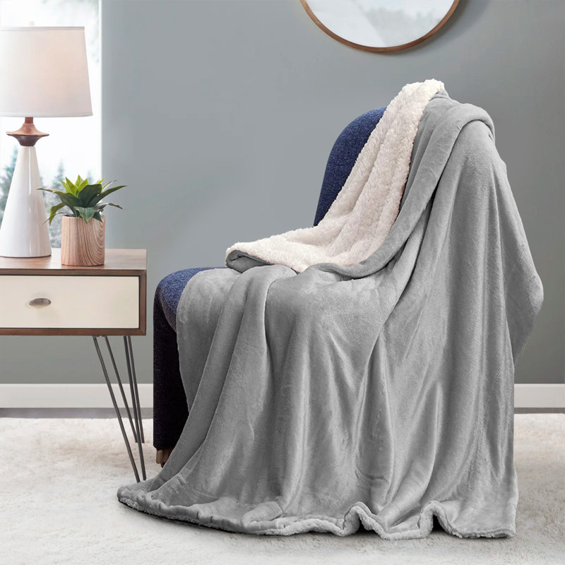 Hanae Sherpa Fleece Thick Blanket Bed Throws, Silver