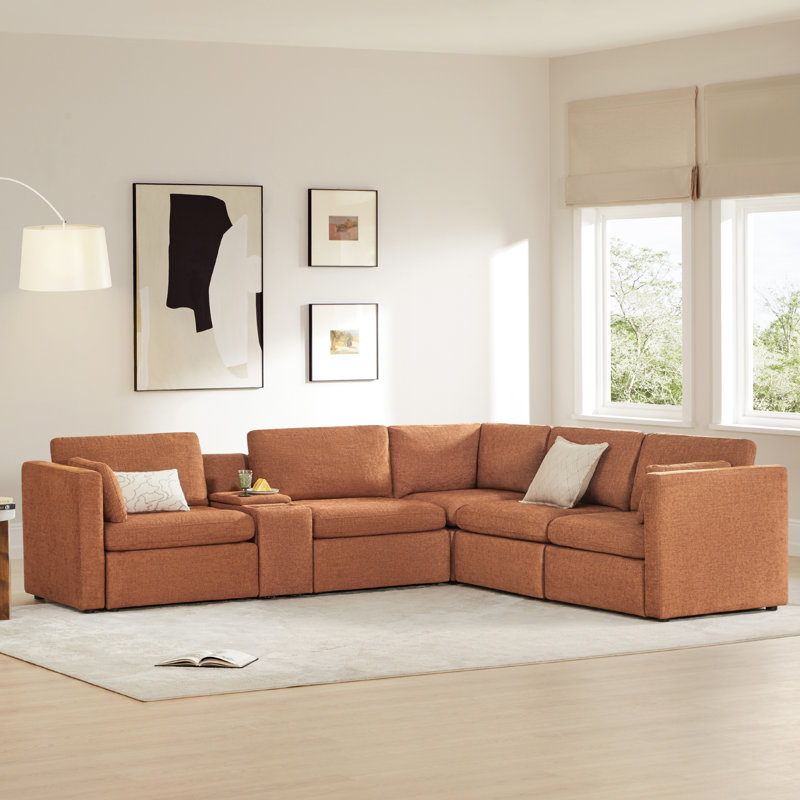 Winfree 5-Piece Modular Sectional with Plastic Leg, Terracotta Polyester