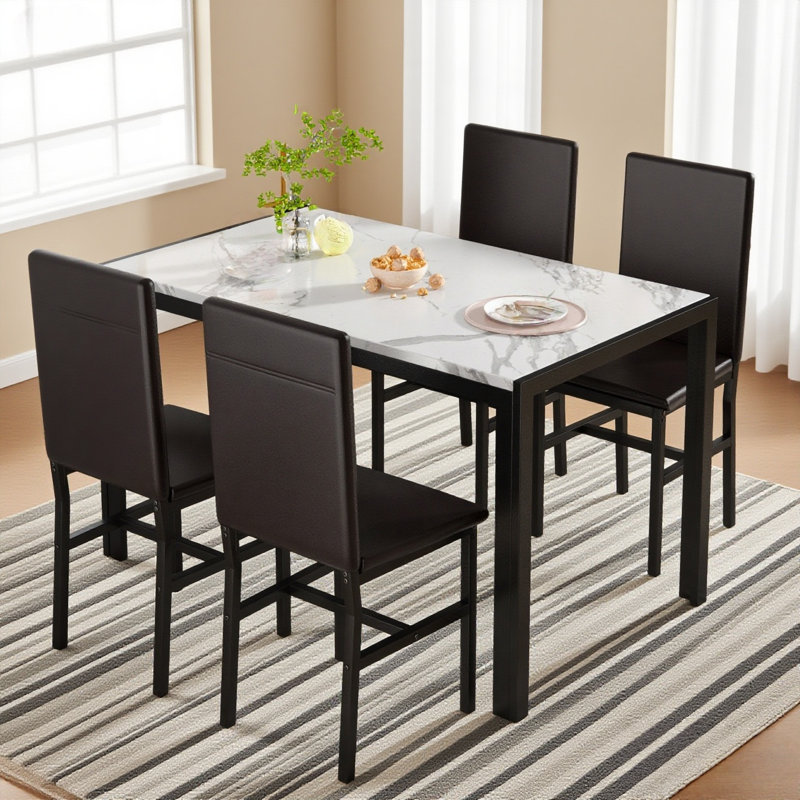 Dining Table Set For 4, Faux Marble Kitchen Table With Uphosltered Dining Chairs, 5-Piece Dining Table Set, Space-Saving Design Dinette Set for Home Furniture Kitchen Restaurant