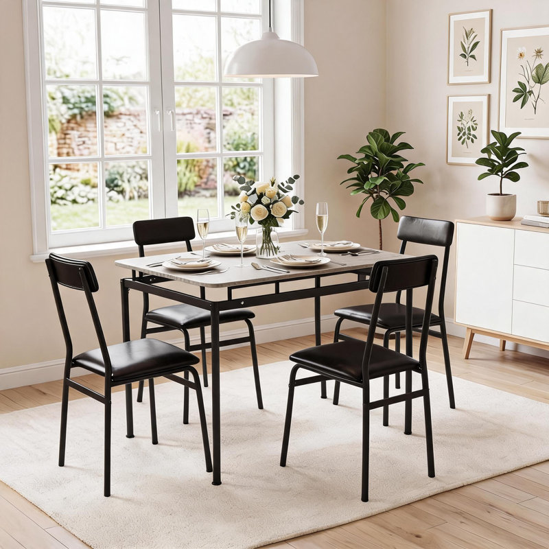 Ensemble table et chaises 5 pièces pour 4 personnes, gain de place - Plateau en bois brun moderne, structure en métal, 4 chaises rembourrées en PU - Montage facile, idéal pour la cuisine et la salle à manger