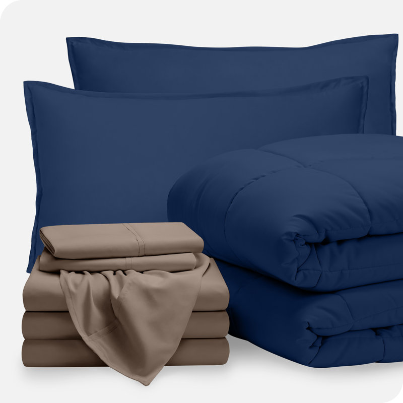 Microfiber Bed-In-A-Bag, Dark Blue/Taupe, Split King Comforter + 7 Additional Pieces