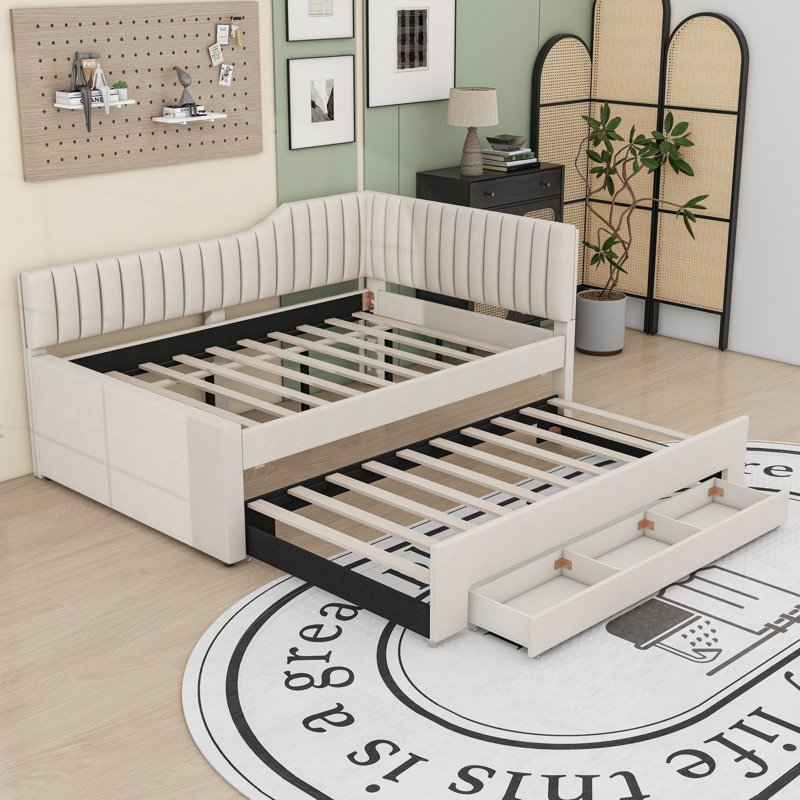 Lit de jour rembourré en lin avec couchette et tiroirs de rangement, Beige, Complet/Double