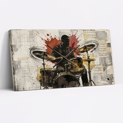 Drummer with Red Paint Splatter and Sheet Music Canvas Wall Art