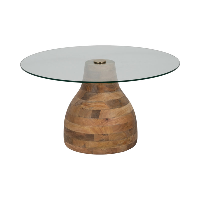34" Striped Wood Coffee Table With Glass Top, Natu
