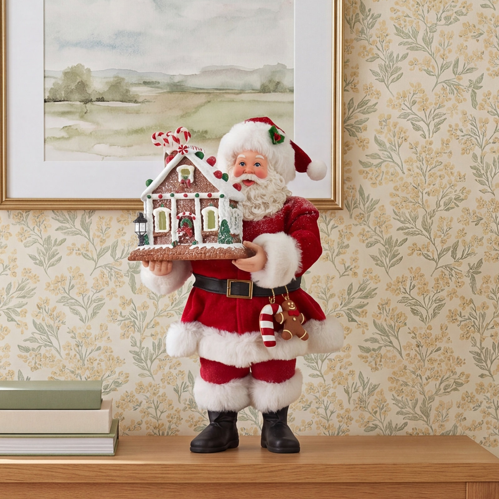 Santa with Lighted Gingerbread House