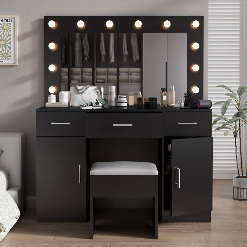 Grand ensemble de coiffeuse avec lumières, USB et prise de courant, 3 tiroirs, Noir, noir, noir, noir
