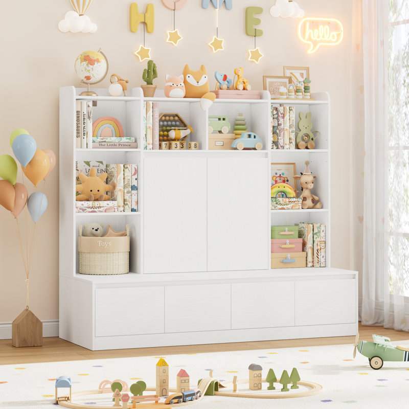 All-in-One 54''W Storage Bookcase with Hidden Drawers and  Adjustable Shelves, White
