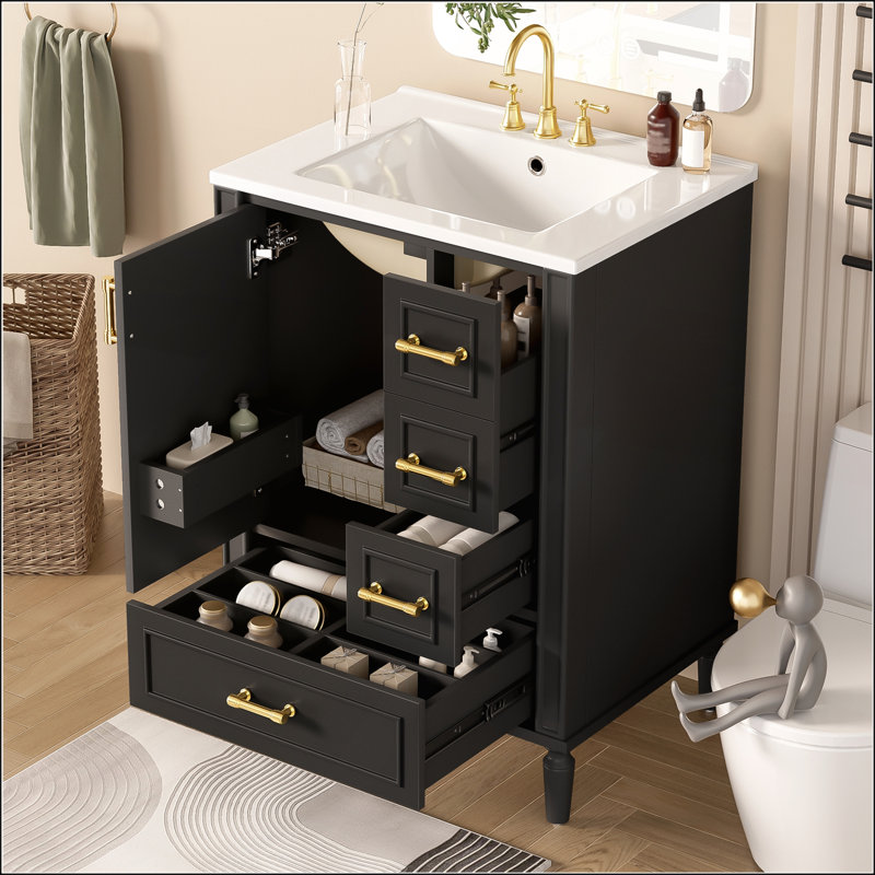 Meuble-lavabo moderne 24 po avec lavabo en céramique, porte à fermeture douce, 3 tiroirs, poignées dorées et support de porte