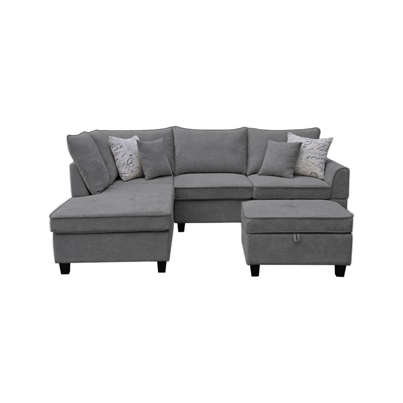 Canapé modulaire en tissu gris de 99 pouces avec méridienne, repose-pieds avec rangement et 4 coussins décoratifs Harmony