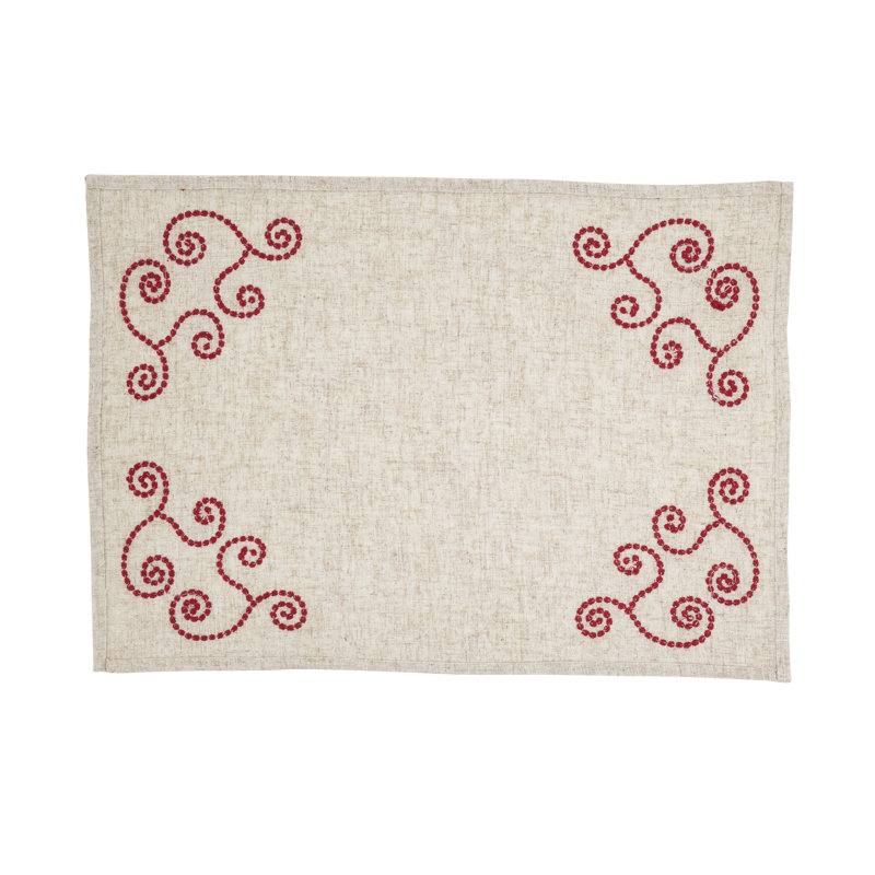 Napperons brodés à volutes en lin (ensemble de 4) - Napperons décoratifs de style campagnard avec broderie d'angle pour les repas de tous les jours, les tables de cuisine et les réceptions