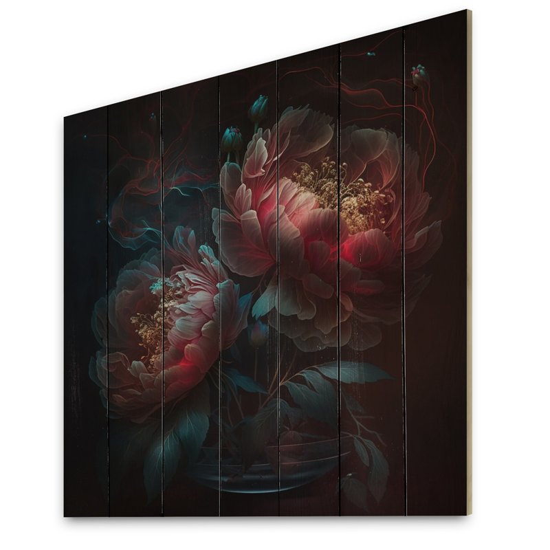 Harmonieuse fleur de pivoine rose noire sur bois, H 15 po x l 15 po x P 0,78 po