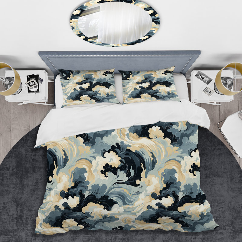 Victorian Stealth Waves Box Stitch Abstract Duvet Cover, King Duvet Cover + 2 King Shams