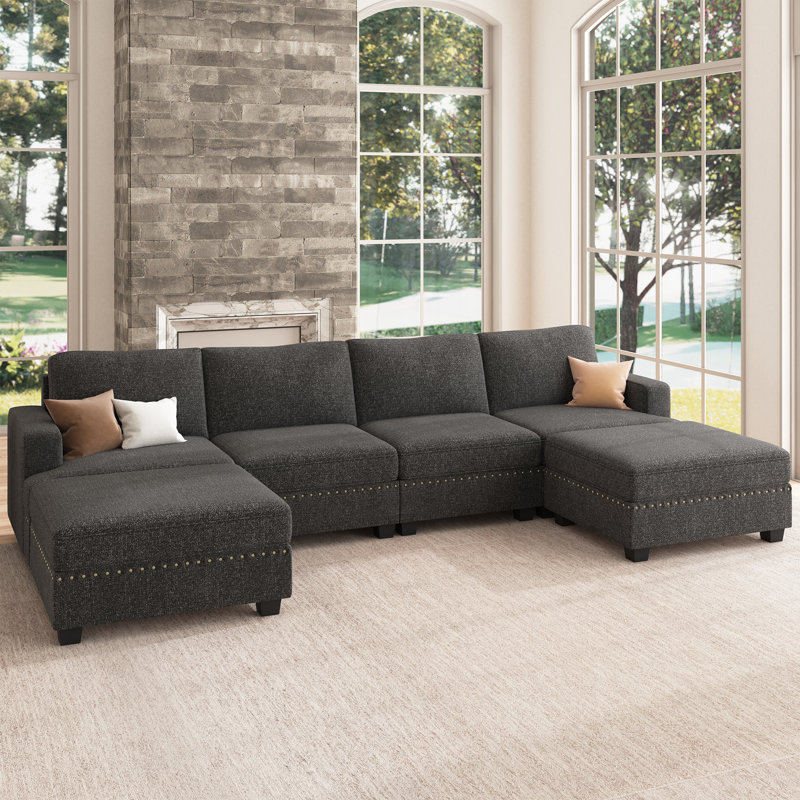 Canapé modulaire en U avec rangement Anureet, Oui, Polyester gris foncé, H 35 po x l 121,4 po x P 59,9 po