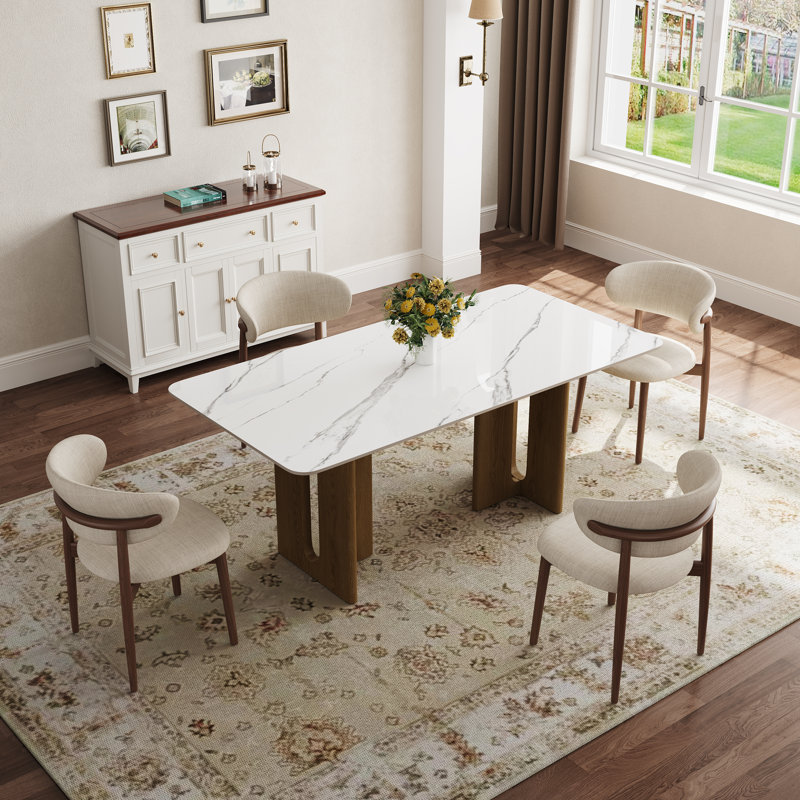 Table de salle à manger de 63 pouces de style moderne en pierre de fritté de style travertin, plateau en pierre brillante avec base en grain de bois de noyer, table de salle à manger rectangulaire pour 4 à 6 personnes