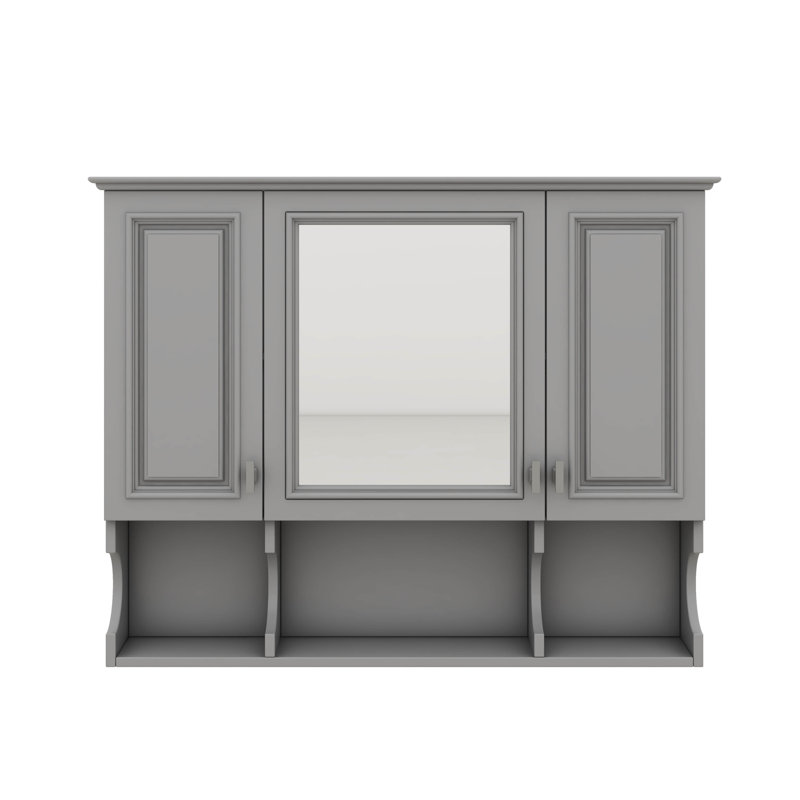 Armoire murale de salle de bain 35 po x 28 po avec miroir, armoire à pharmacie à trois portes et tablettes ouvertes, Gris