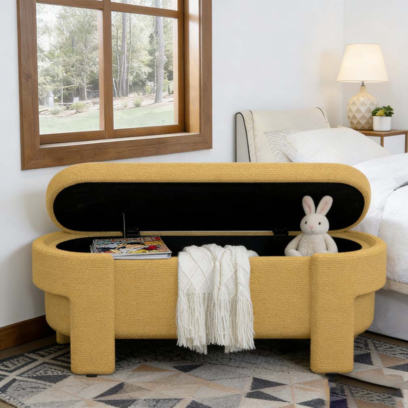 Banc rembourré en lin avec grand espace de rangement, Jaune