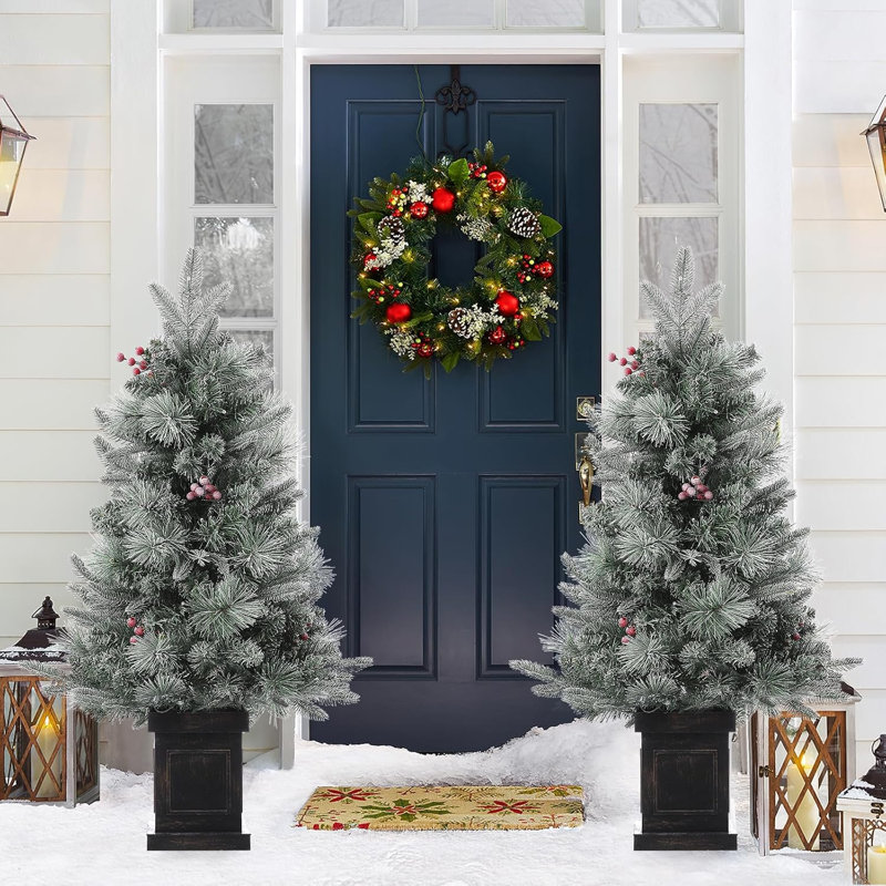 Arbre de Noël artificiel illuminé 3 pi avec lumières à DEL blanc chaud, arbre de Noël enneigé avec minuterie et base de boîte à lumière, ensemble de 2