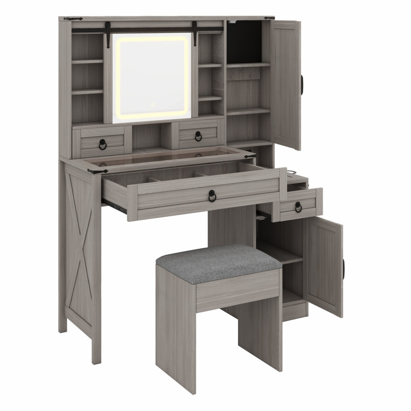 Ensemble de coiffeuse avec miroir lumineux coulissant Farmhouse, coiffeuse en verre avec station de charge, ensemble de meuble-lavabo 4 tiroirs 2 armoires avec tabouret