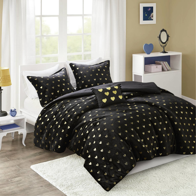 Édredon pour lit simple / simple TG avec 2 taies décoratives et coussin décoratif, noir / or, rembourrage, - 1 taie décorative imprimée, rembourrée, lavable à la machine