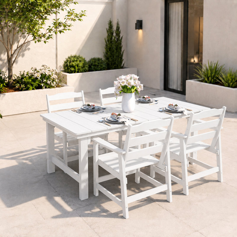 Table de salle à manger d'extérieur en PEHD blanc avec trou pour parasol, Blanc
