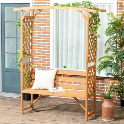 3 - Banc, arche en bois brun, pergola, treillis, plantes d'extérieur pour patio