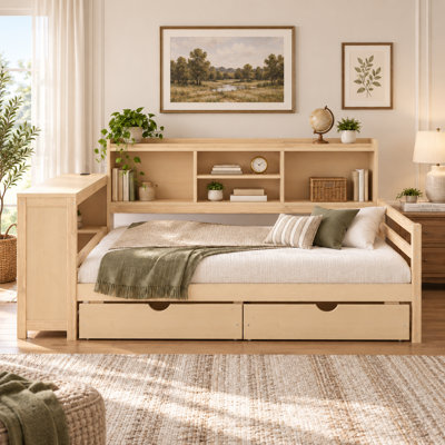 Lit de jour d'angle Somnus double avec tiroirs de rangement, bureau intégré, port de chargement USB et bibliothèque