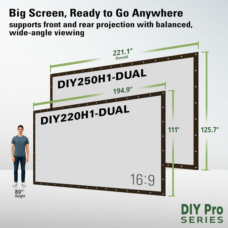 DIY Pro, 220" Diagonal, Indoor/Outdoor Front/Rear Projection Screen w/Grommets, Ropes, Carry Pouch, Black Borders