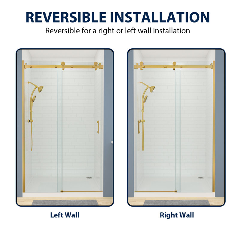 48" X 76" Semi-Frameless Single Sliding Shower Door With Clear Tempered Glass, Gold