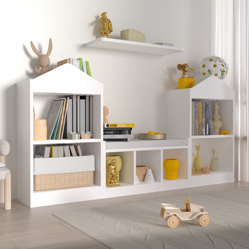 White Wooden Kids Bookshelf with Reading Nook and Storage Cubbies