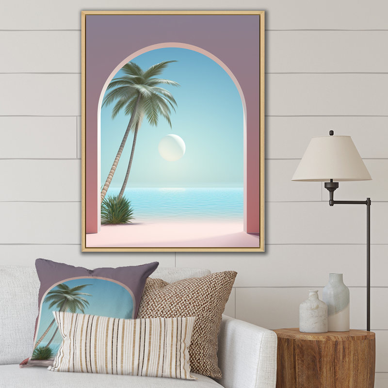 Perle paradisiaque, vue sur l'océan, paume sur toile, Cadre naturel flottant, H 44 po x l 34 po x P 1,5 po