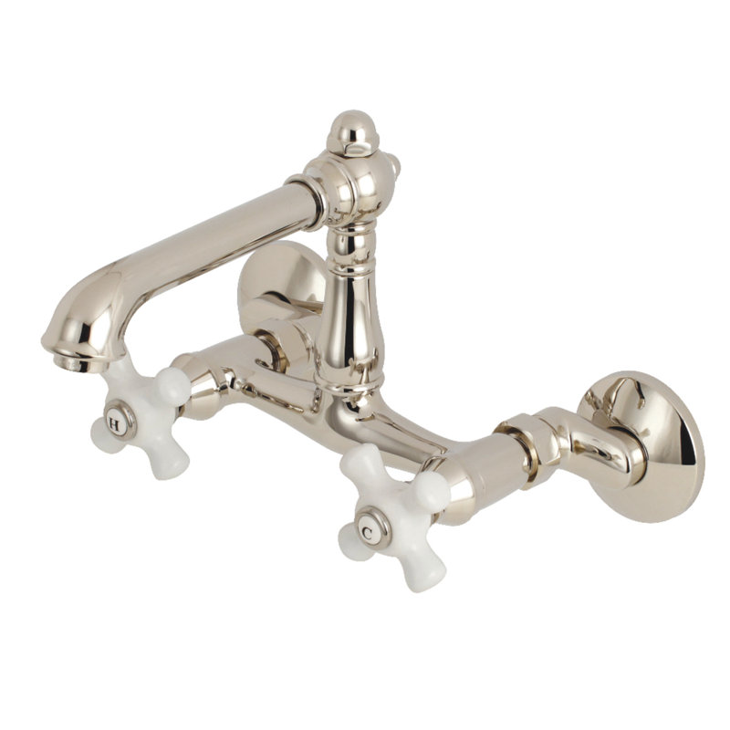 Kingston Brass English Country Double-Handle 2-Hole Wall-Mount Bridge Kitchen Faucet, Polished Nickel