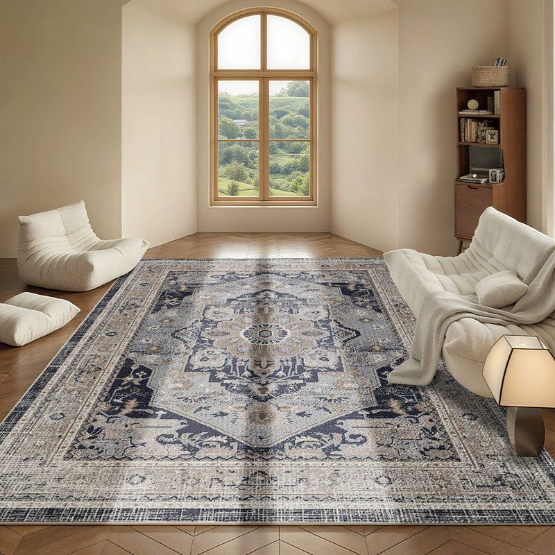 Tapis d'intérieur vintage lavable à la machine Bohème rétro bleu, 5 pi x 7 pi
