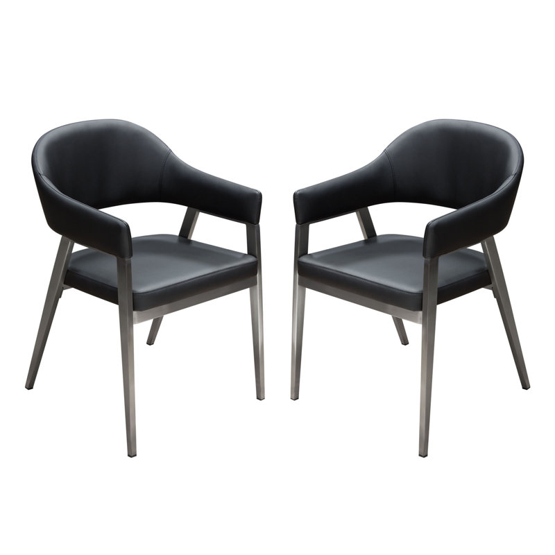 Adele Set Of Two Dining/Accent Chairs In Black Leatherette W/ Brushed Stainless Steel Leg, Black Faux Leather