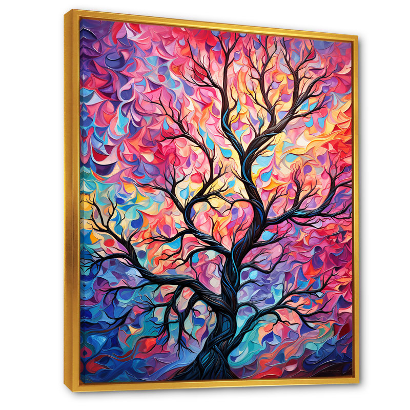 «Pink Tree Essence I» - art mural arbre, H 20 po x l 12 po x P 1 po, Cadre flottant doré