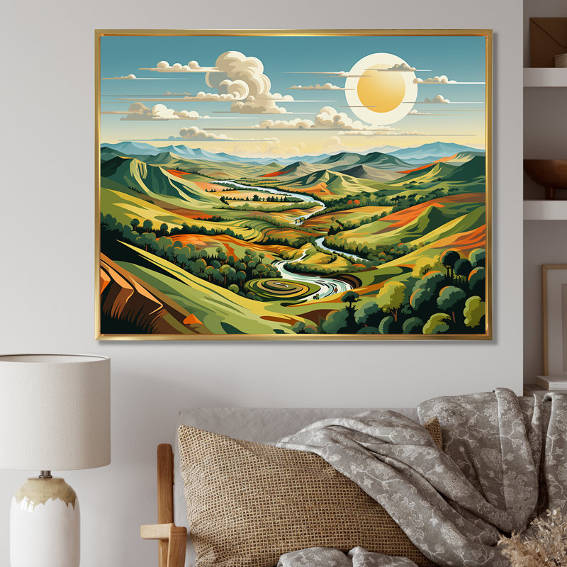 Multicolore «Bold Country Side Landscape III - Meadow», art mural, Cadre flottant doré, H 16 po x l 32 po x P 1 po
