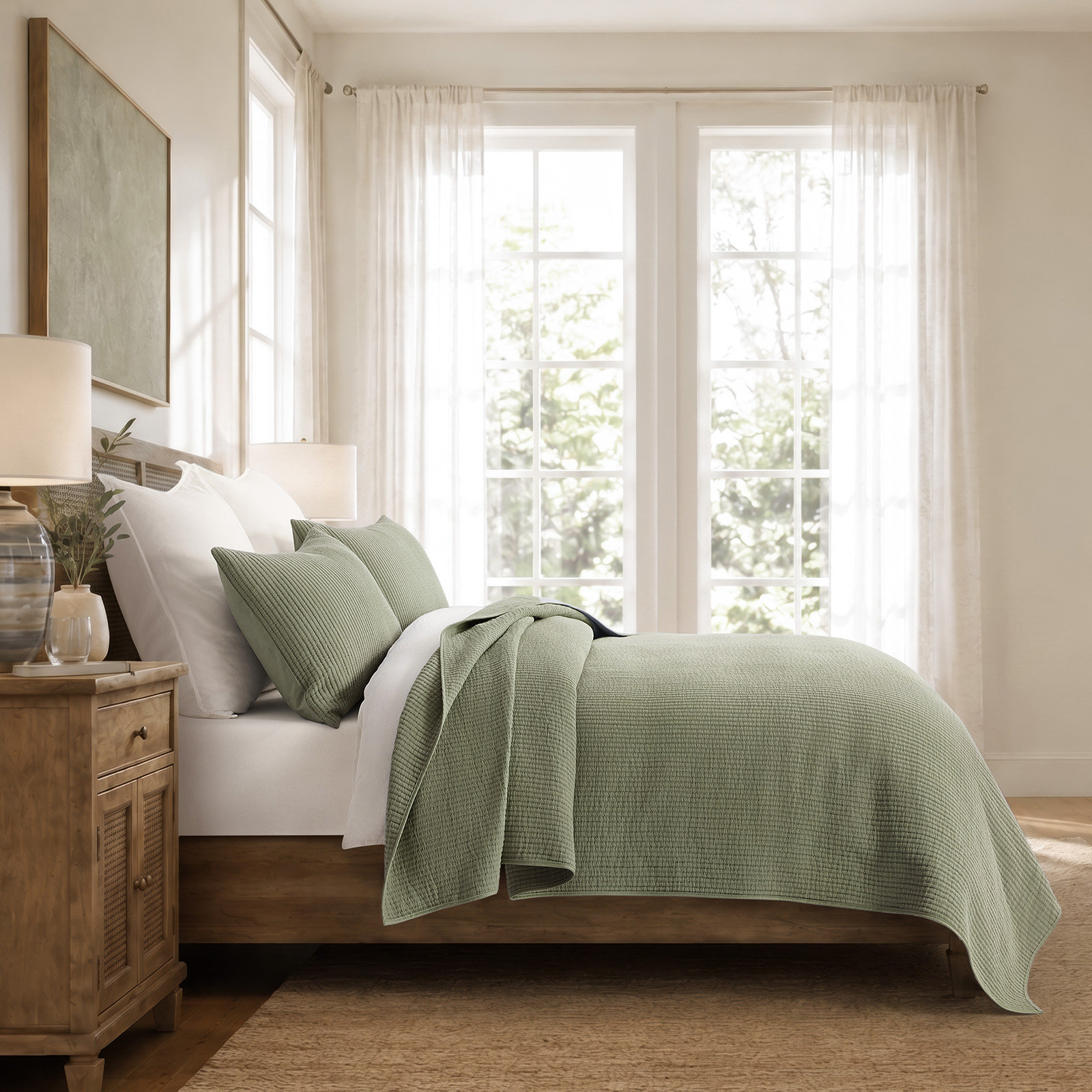 Ribbed Cotton Coverlet Set, Queen Quilt + 2 Shams, Dried Sage