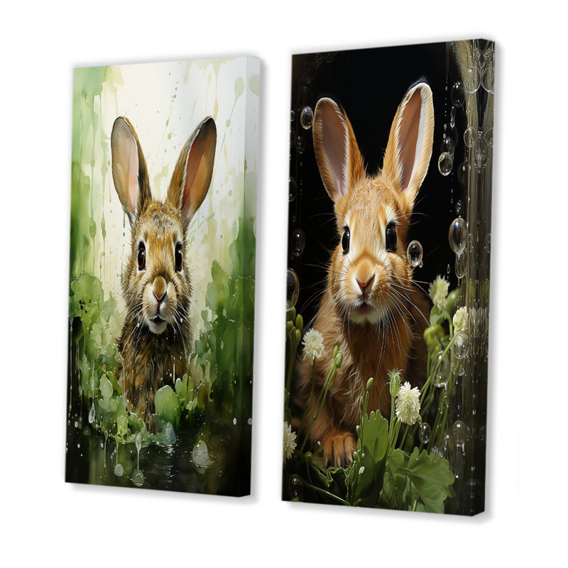 «Bathroom Bunny Bubbles» - ensemble de 2 reproductions d'art sur toile, Toile tendue, H 28 po x l 25 po