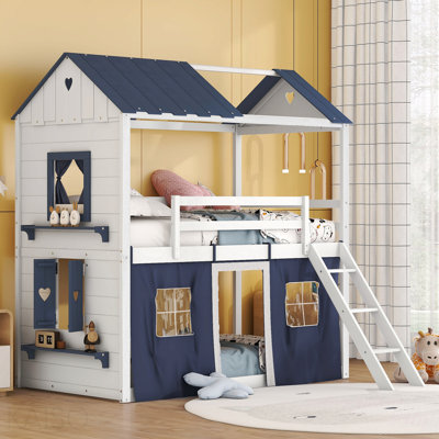 Lit simple superposé en bois avec fenêtres élégantes, rebords et tente, bleu et blanc