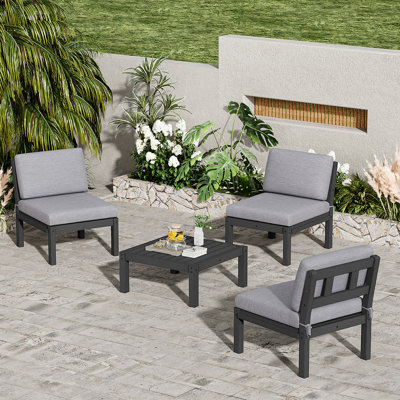 Ensemble de conversation modulaire de patio pour 3 personnes avec coussins, ensemble de conversation 4 pièces imperméable toutes saisons pour l'extérieur, noir