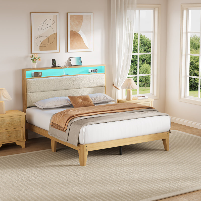 Full Size Boucle Bed Frame with Headboard and LED Lights, Upholstered Platform Bed Frame with Charging Station and 2-Tier Storage Shelves, No Box Spring Needed, Easy Assembly, Cream