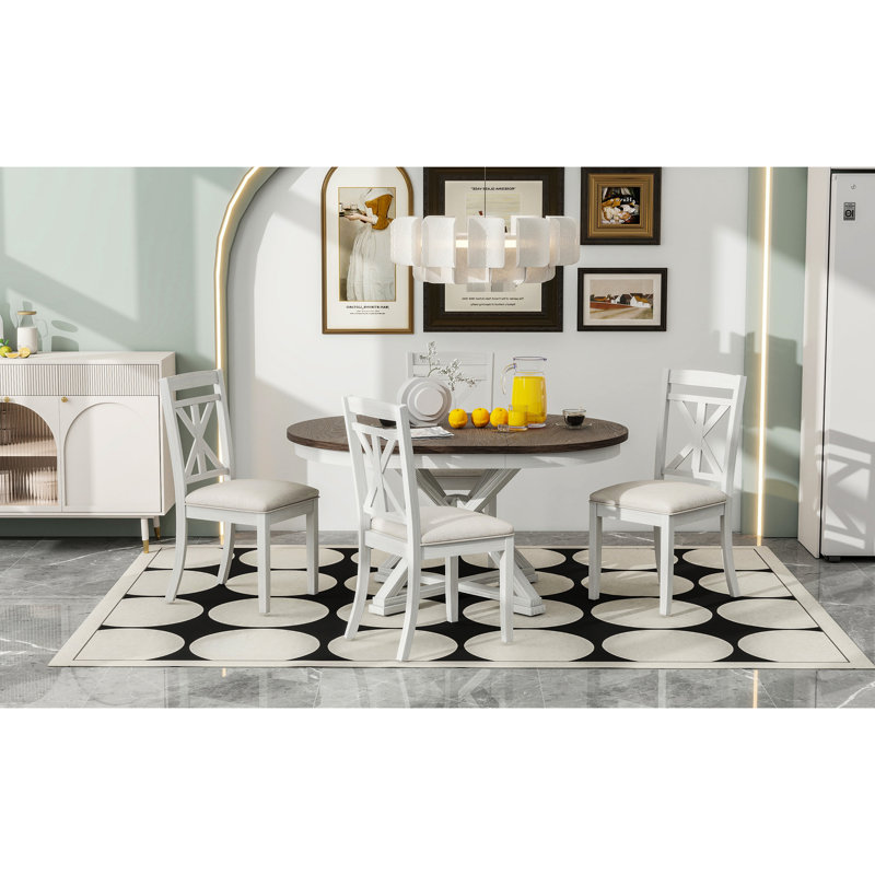 Table de salle à manger extensible ronde et 4 chaises rembourrées, brun et blanc antique, design rétro, chaises réglables triangulaires, coin
