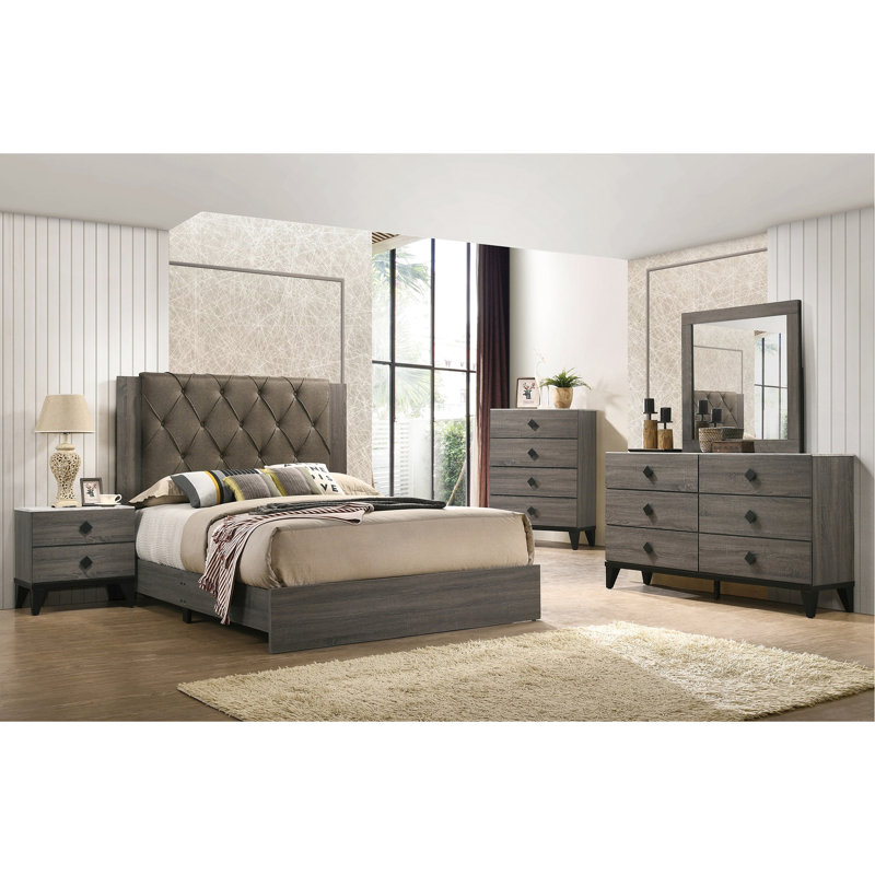 Lit très grand contemporain avec tête de lit tapissier grise et transitionnelle crème, Grand lit, Gris