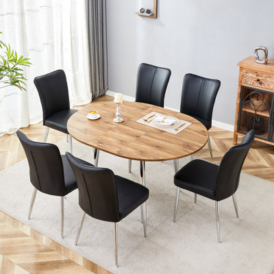 Expandable Dining Set With Wood Grain Mdf & Silver Metal For Family Gatherings