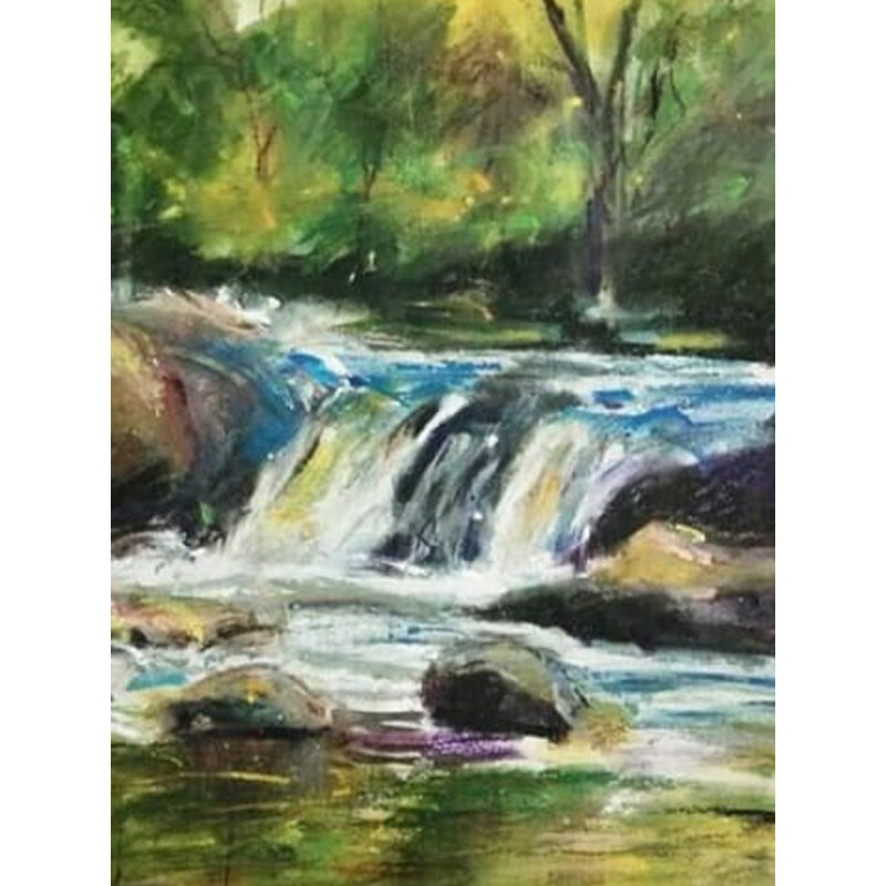 Petite chute d'eau qui coule - Paysage | Pastel à l'huile sur papier | Par Mukal