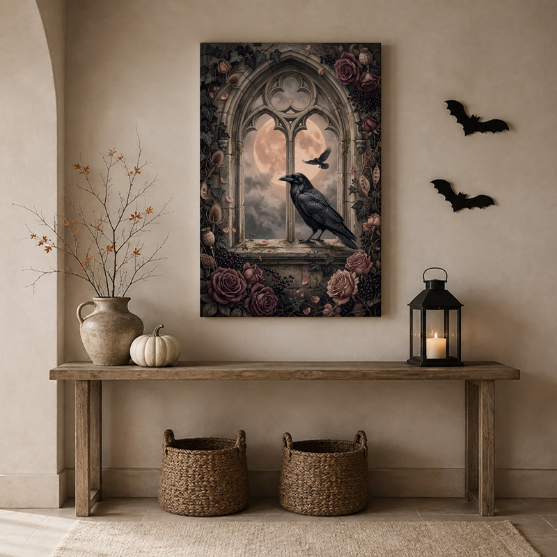 Toile noire corbeau noir perché sur une fenêtre gothique sous Halloween, H 18 po x l 12 po