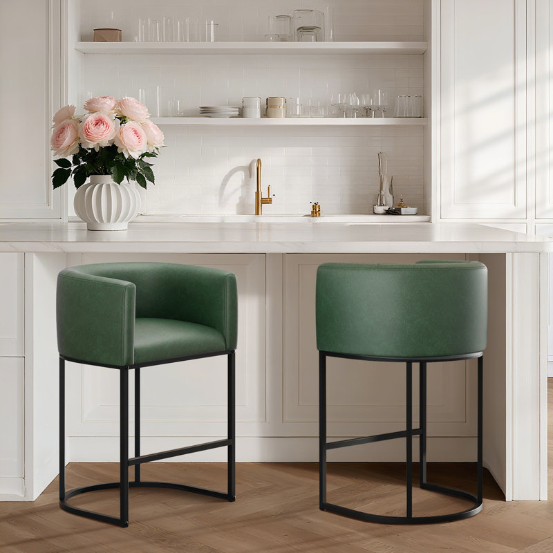 PU Leather Counter Stool Barrel Counter Height Stools, Green